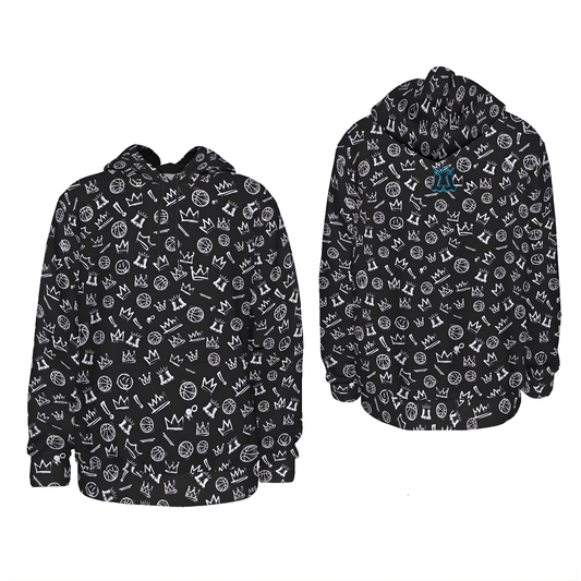 Adult Unisex Thick Fleece Hoodie, Black Basketball Graffiti Design