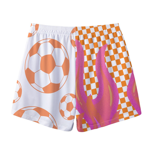 All-Over Print Adult Soccer Shorts: Pink and Orange Checkered Fire Design