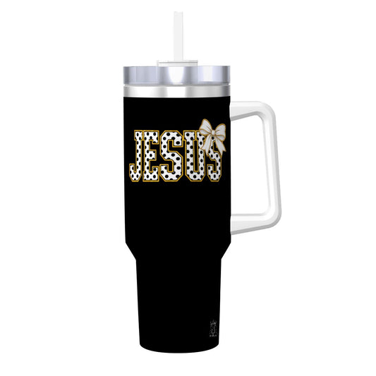 Coquette Polka Dot 'Jesus' Travel Coffee Mug with Handle and Straw (40oz)