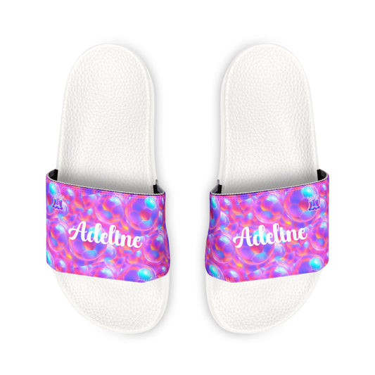 Personalized Youth Soccer Sandals, Kids Iridescent Custom Name Sports Slides