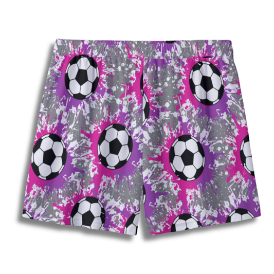 Youth Soccer Shorts Paint Splatter Pink, Purple and Gray Edition