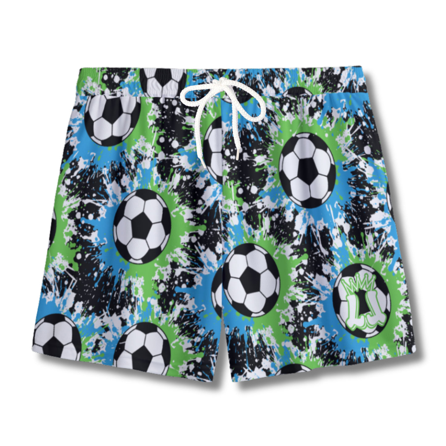 Youth Soccer Shorts Paint Splatter Black, Green and Blue Edition