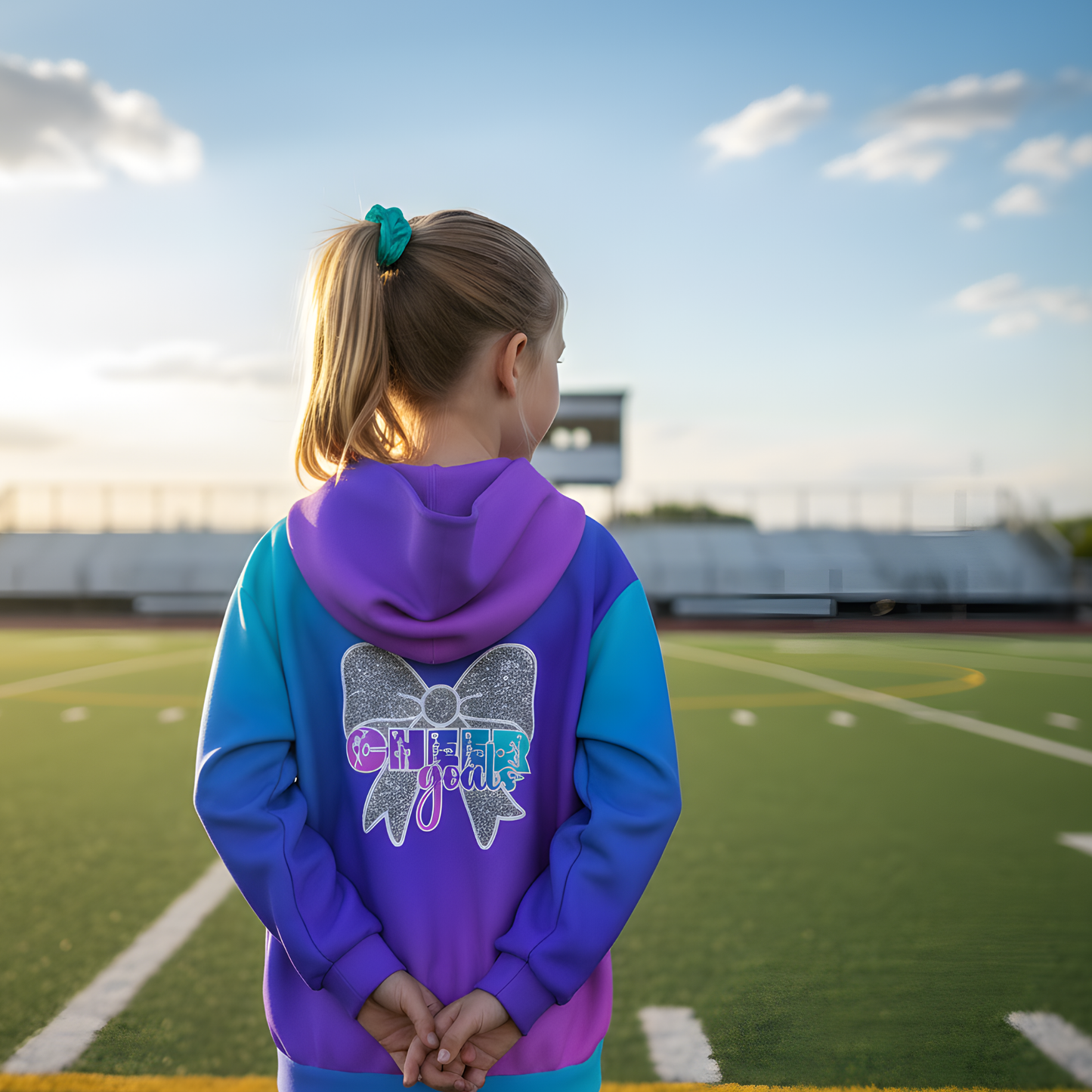 Girl's Cheer Hoodie, Gradient Blue Cheerleader Sweatshirt (Personalization Available)