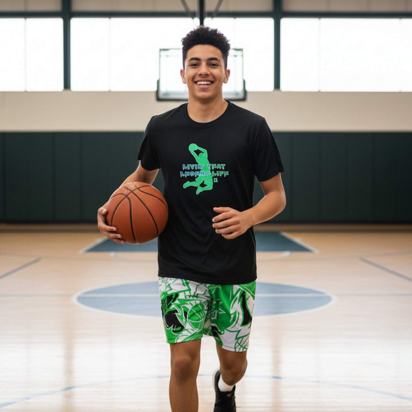 Adult Unisex Mesh Basketball Shorts: Green and Black