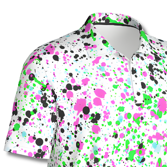 All-Over Print Men's Polo Collar Jersey, White Paint Splatter Design