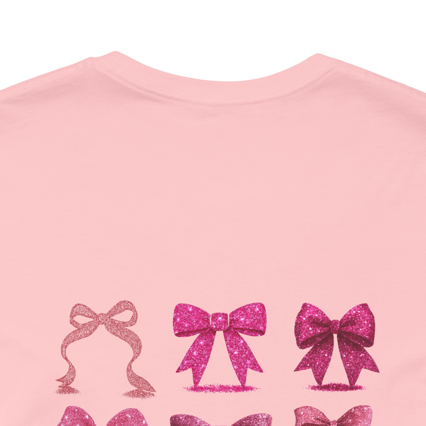 Adult Pink Glitter Bows Cheer Tee, Graphic Coquette Pattern T-Shirt