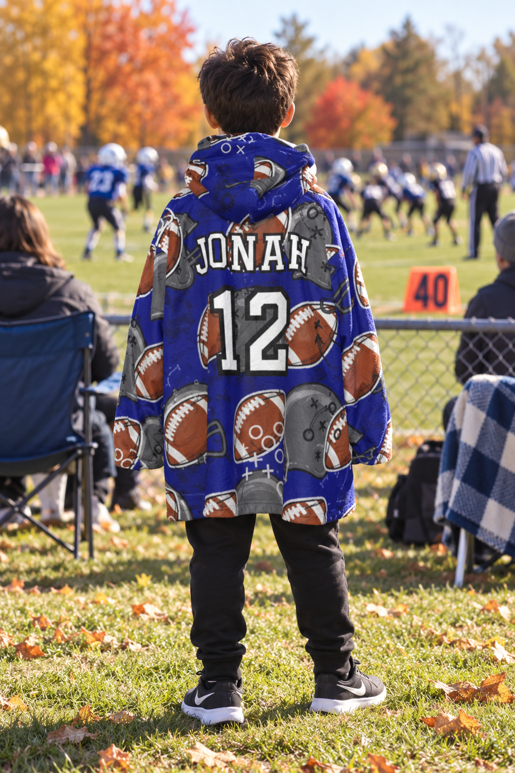 Youth Personalized Football Blanket Hoodie - Dark Blue