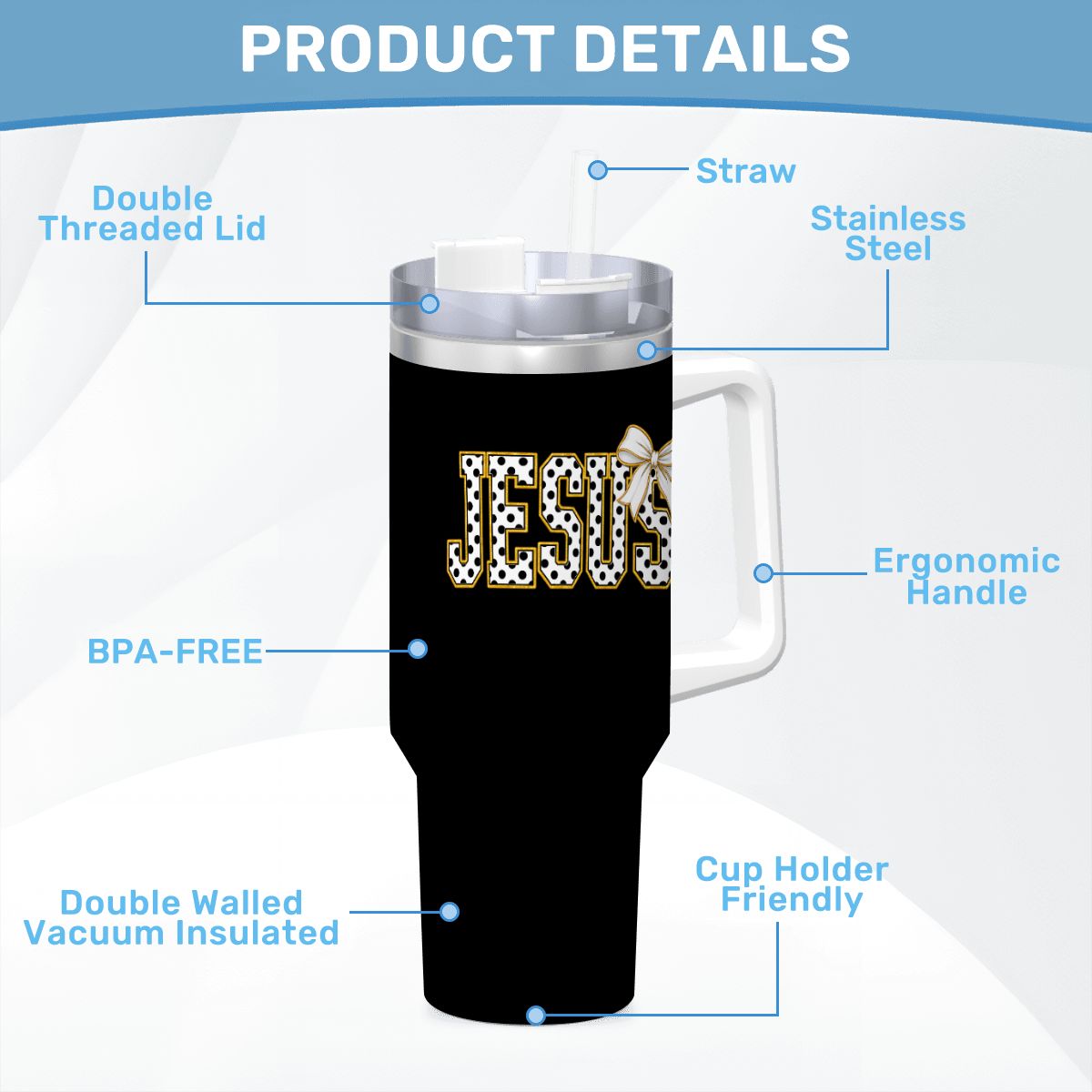Coquette Polka Dot 'Jesus' Travel Coffee Mug with Handle and Straw (40oz)