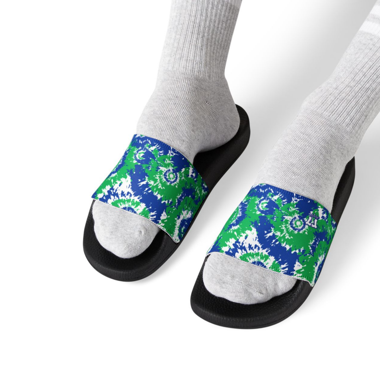 Blue Green Tie-Dye Swirl Slide Sandals, Men/Teen Removable Strap Sporty Slides