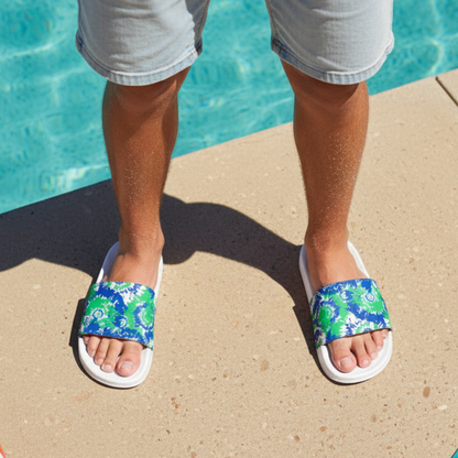 Blue Green Tie-Dye Swirl Slide Sandals, Men/Teen Removable Strap Sporty Slides