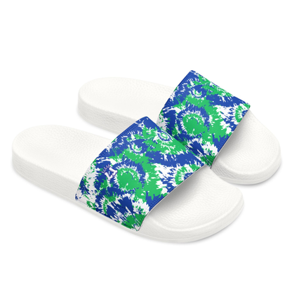 Blue Green Tie-Dye Swirl Slide Sandals, Men/Teen Removable Strap Sporty Slides