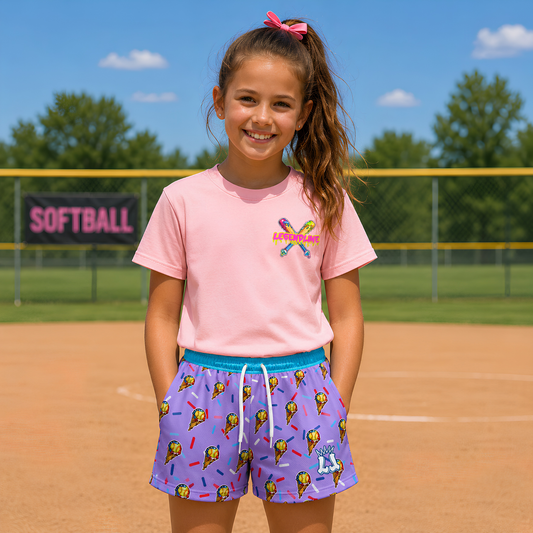 Youth Softball Ice Cream Mesh Shorts- Lavender Edition