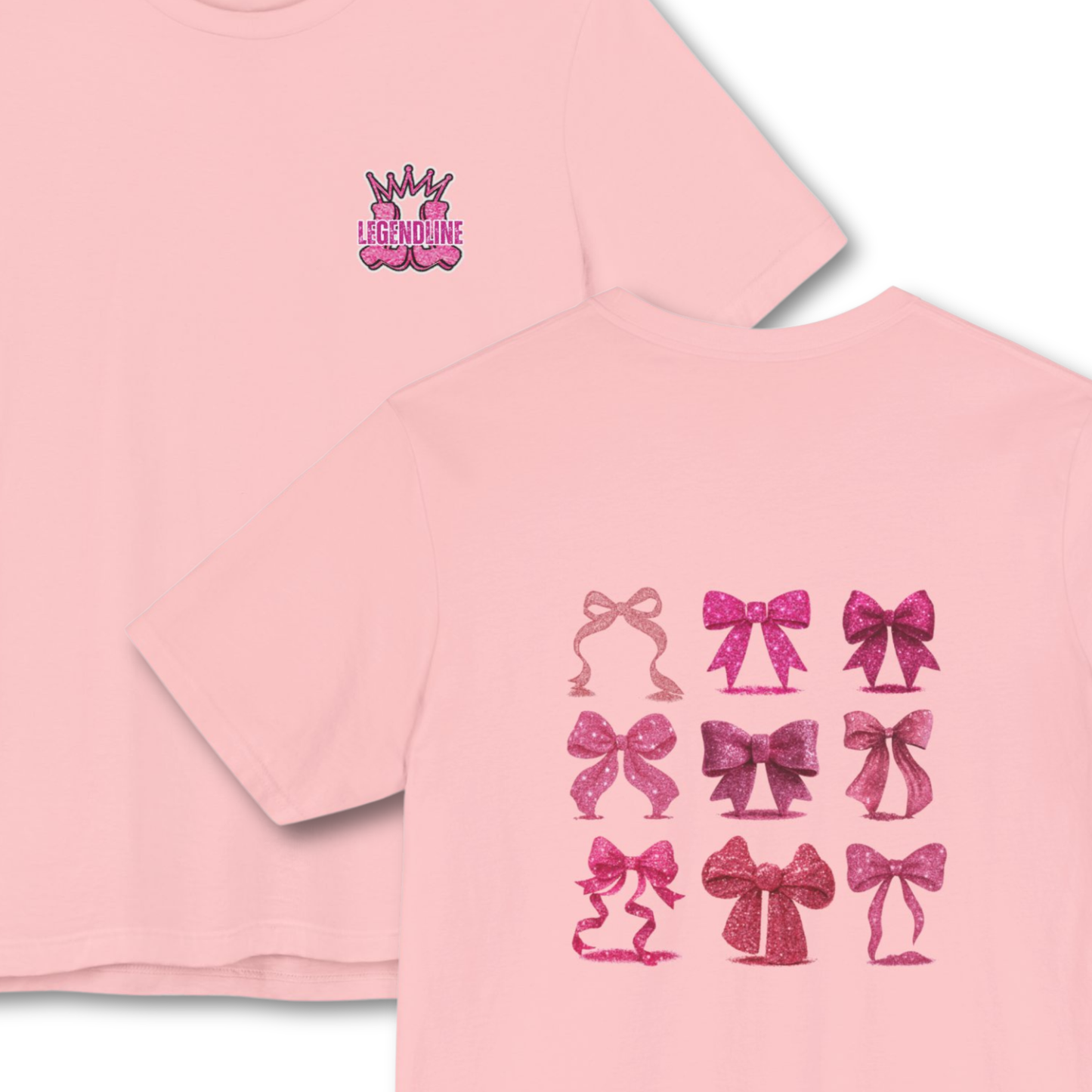 Adult Pink Glitter Bows Cheer Tee, Graphic Coquette Pattern T-Shirt