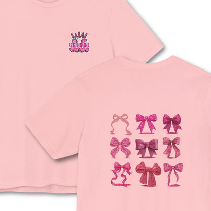 Adult Pink Glitter Bows Cheer Tee, Graphic Coquette Pattern T-Shirt