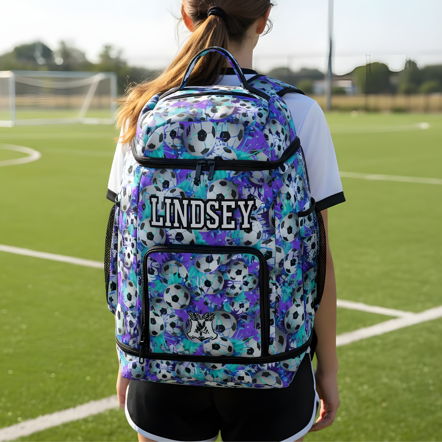 Large Personalized Soccer Bag, Purple/Teal Splatter Edition