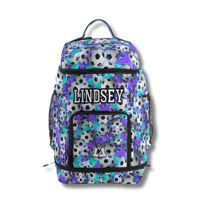 Large Personalized Soccer Bag, Purple/Teal Splatter Edition