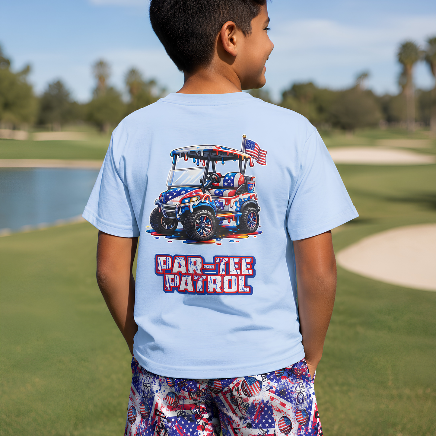 Kids Tee — "Par-Tee Patrol" Patriotic Golf Cart Graphic