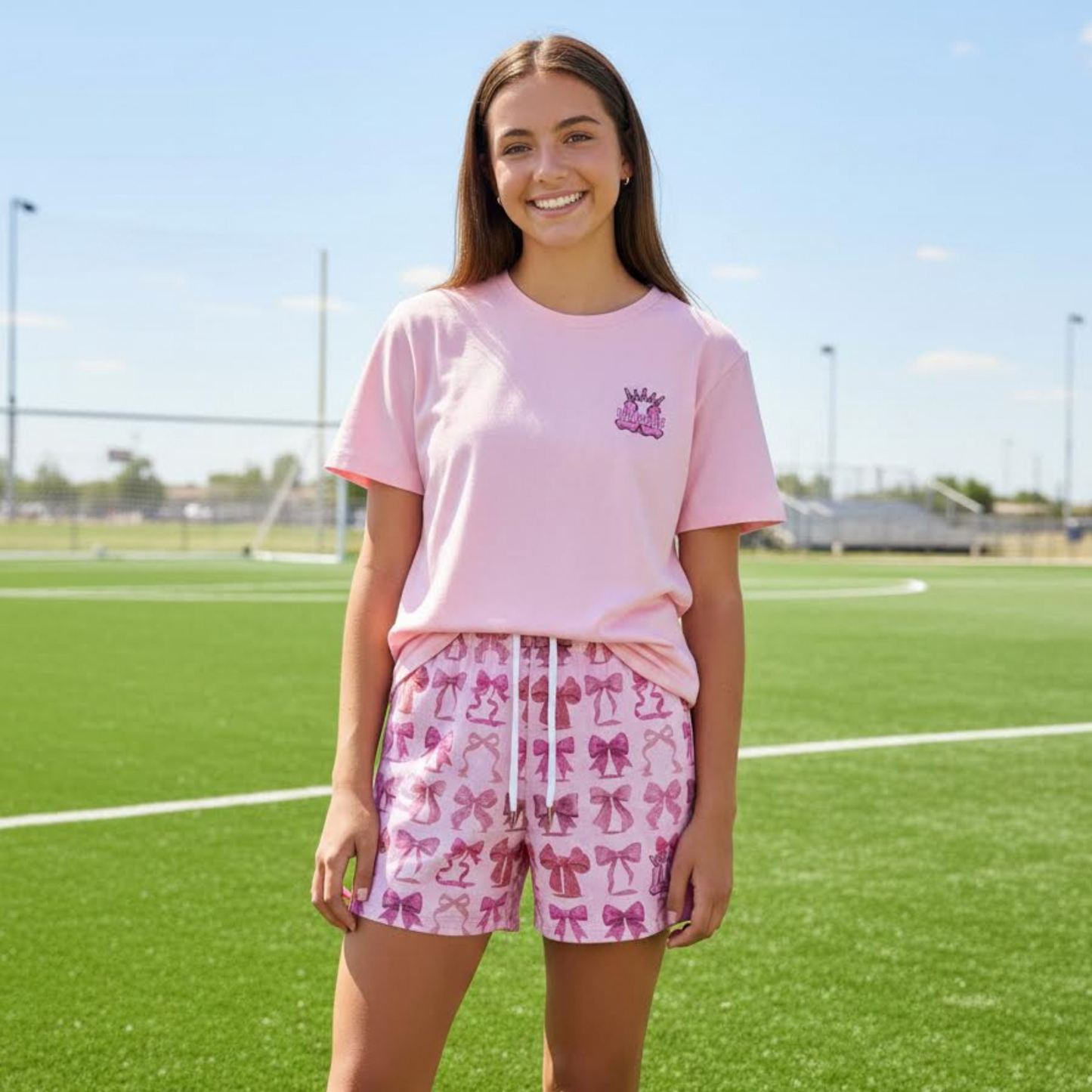 Women's Bow Coquette Glitter Mesh Cheer Shorts