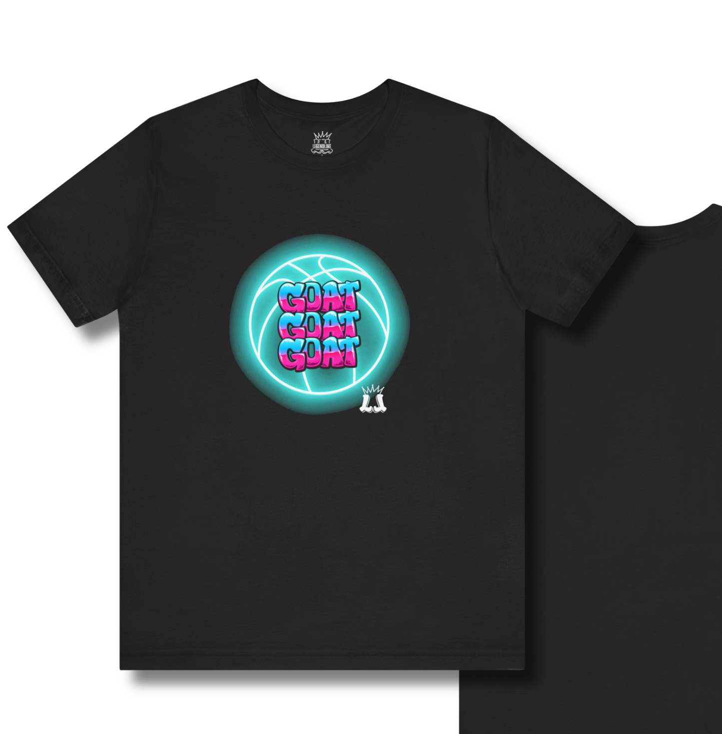 Black t-shirt with a colorful graphic on a white background