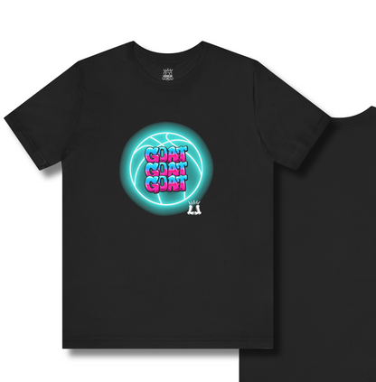 Black t-shirt with a colorful graphic on a white background