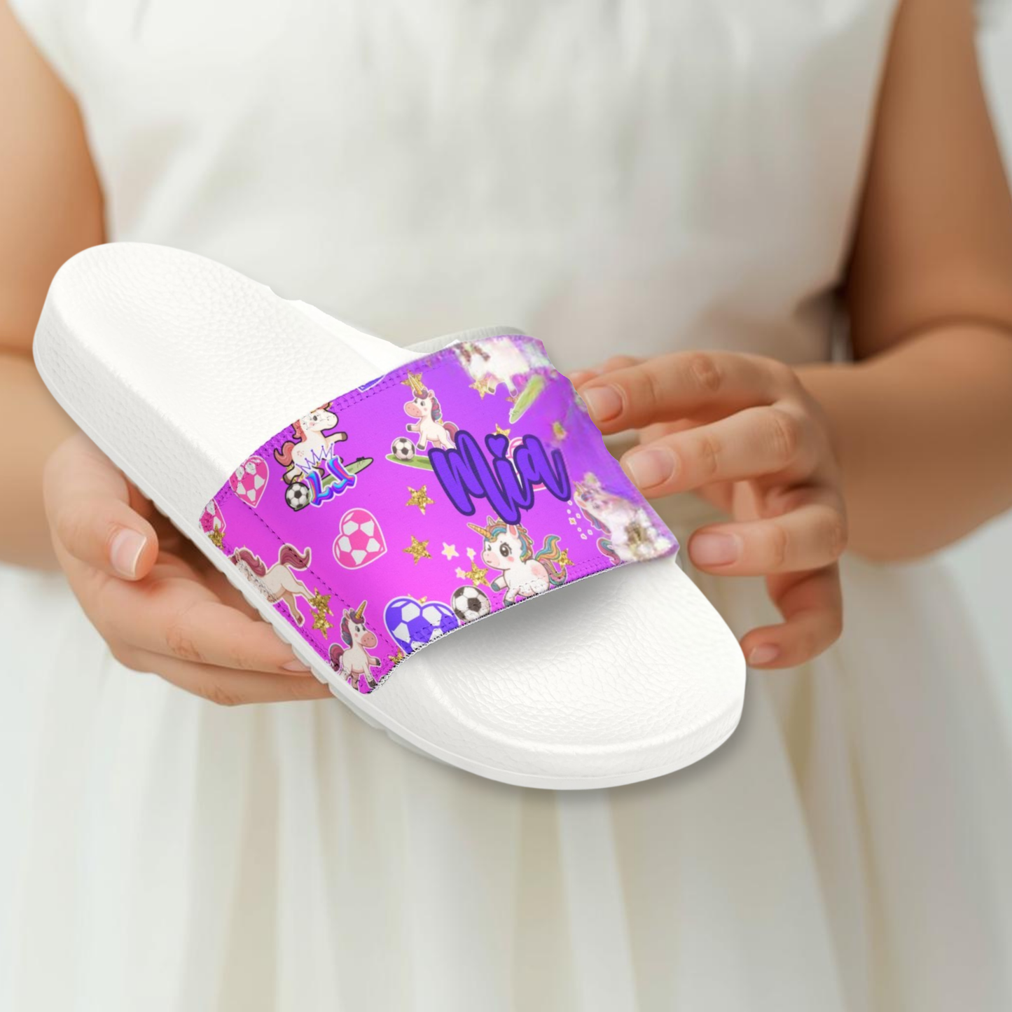 Personalized Kids Unicorn Sandals, , Removable Strap Youth Soccer Slide Sandals