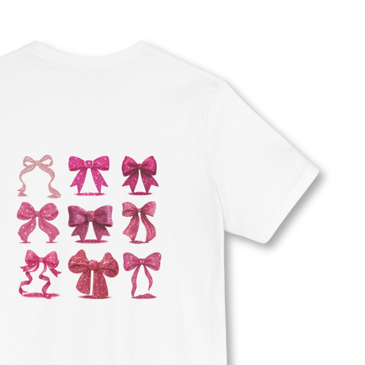 Adult Pink Glitter Bows Cheer Tee, Graphic Coquette Pattern T-Shirt