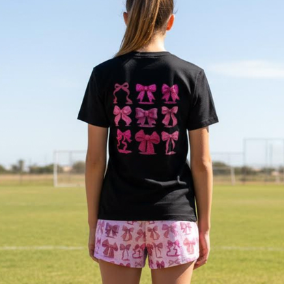 Adult Pink Glitter Bows Cheer Tee, Graphic Coquette Pattern T-Shirt