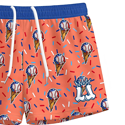 Kids Baseball Patriotic Drip Mesh Shorts - Coral Edition
