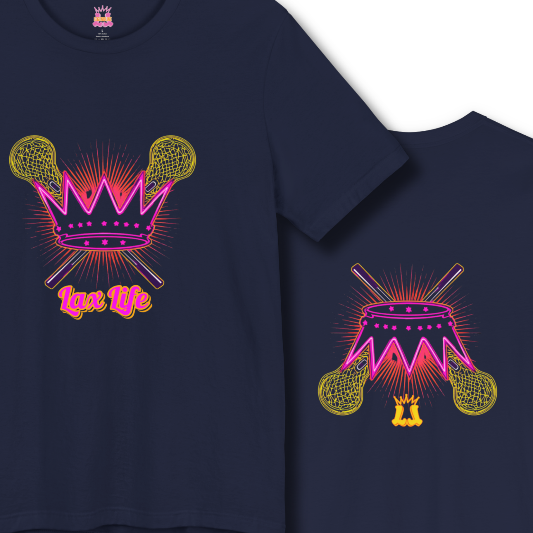 Navy blue t-shirt with colorful graphic design on front and back
