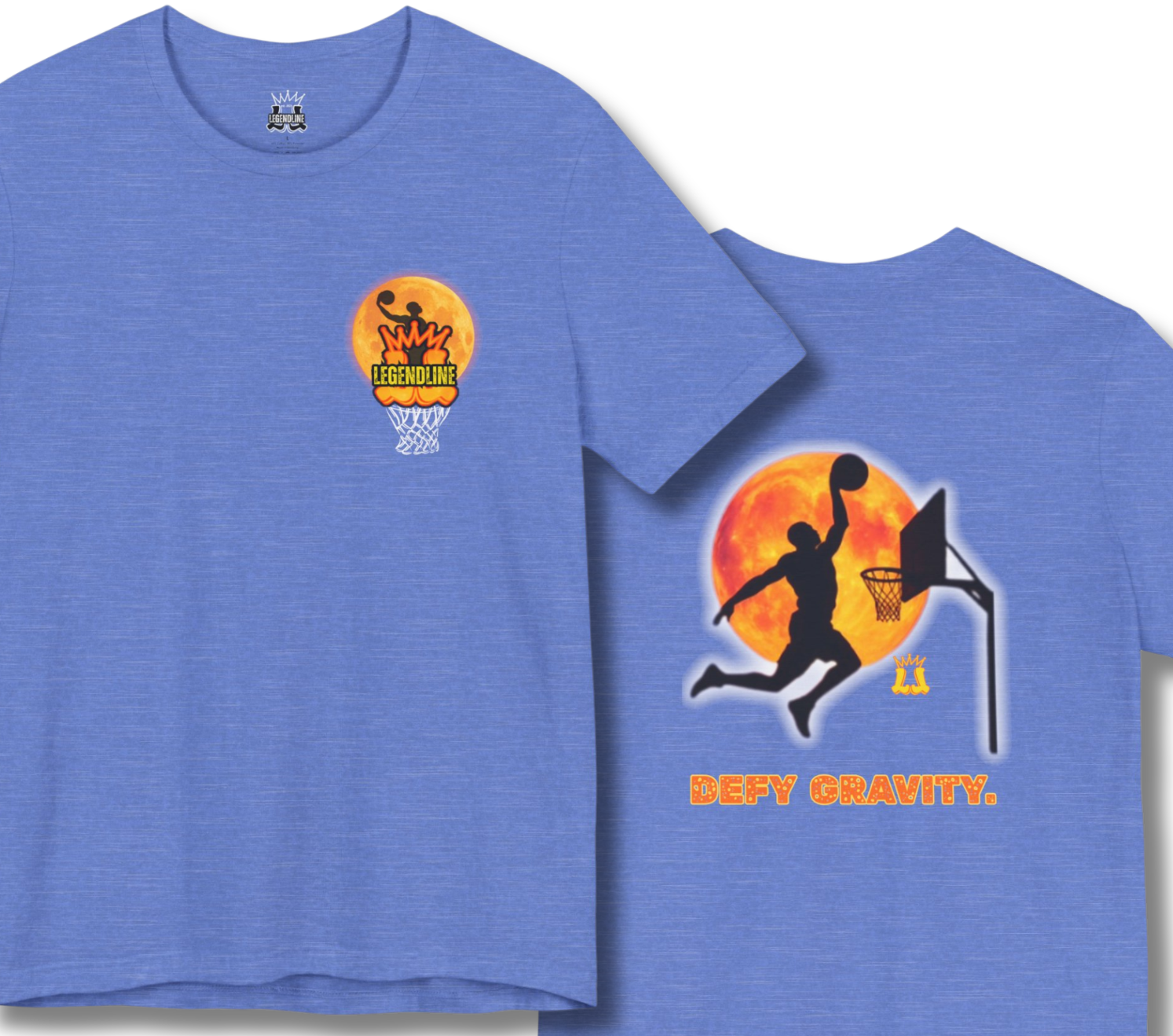 Blue t-shirt with graphic design on a white background