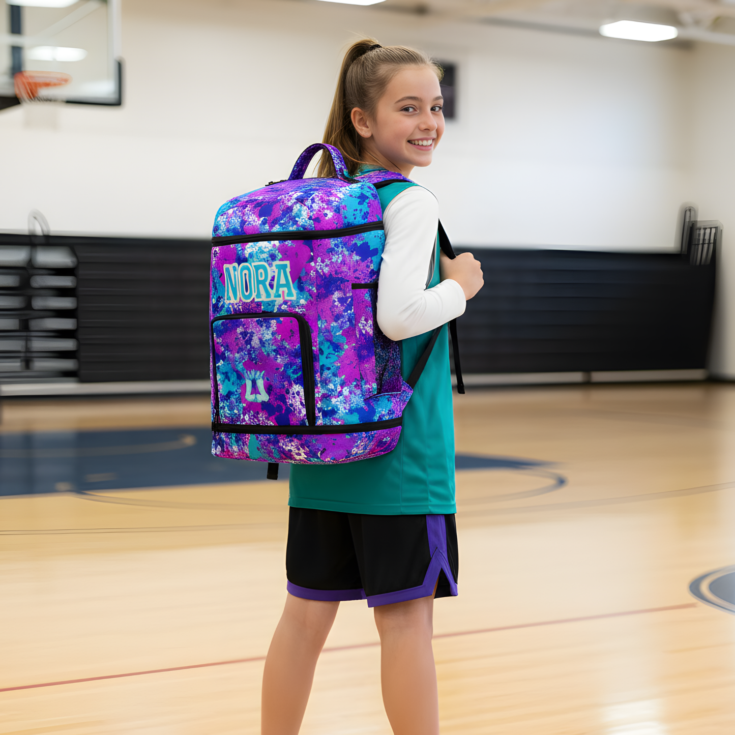 Personalized All-Sports Paint Splatter Sports Bag, Purple/Blue Edition