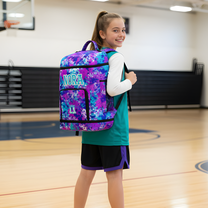 Personalized All-Sports Paint Splatter Sports Bag, Purple/Blue Edition