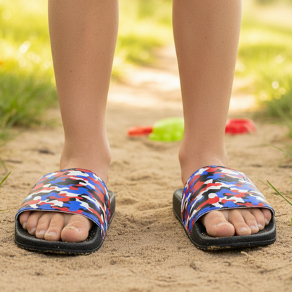 Youth Patriotic Camo Slides, Removable Strap Slides