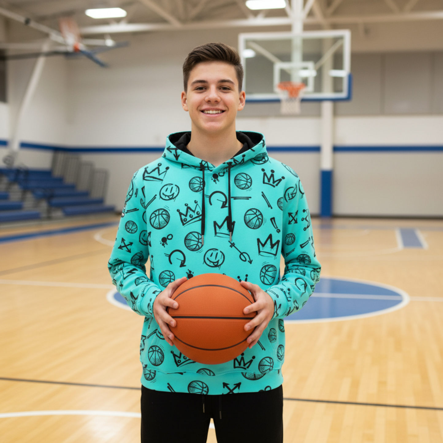 Adult Unisex Basketball Hoodie, Blue Graffiti All Over Print