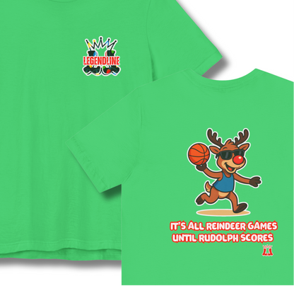 Green t-shirt with cartoon reindeer design and text on a white background