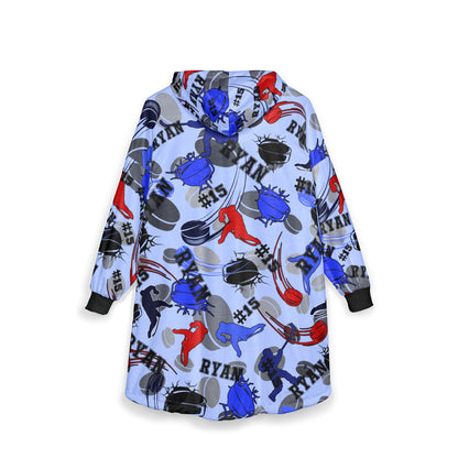 Hockey Pattern Hooded Blanket, Personalized Hoodie For Game Day