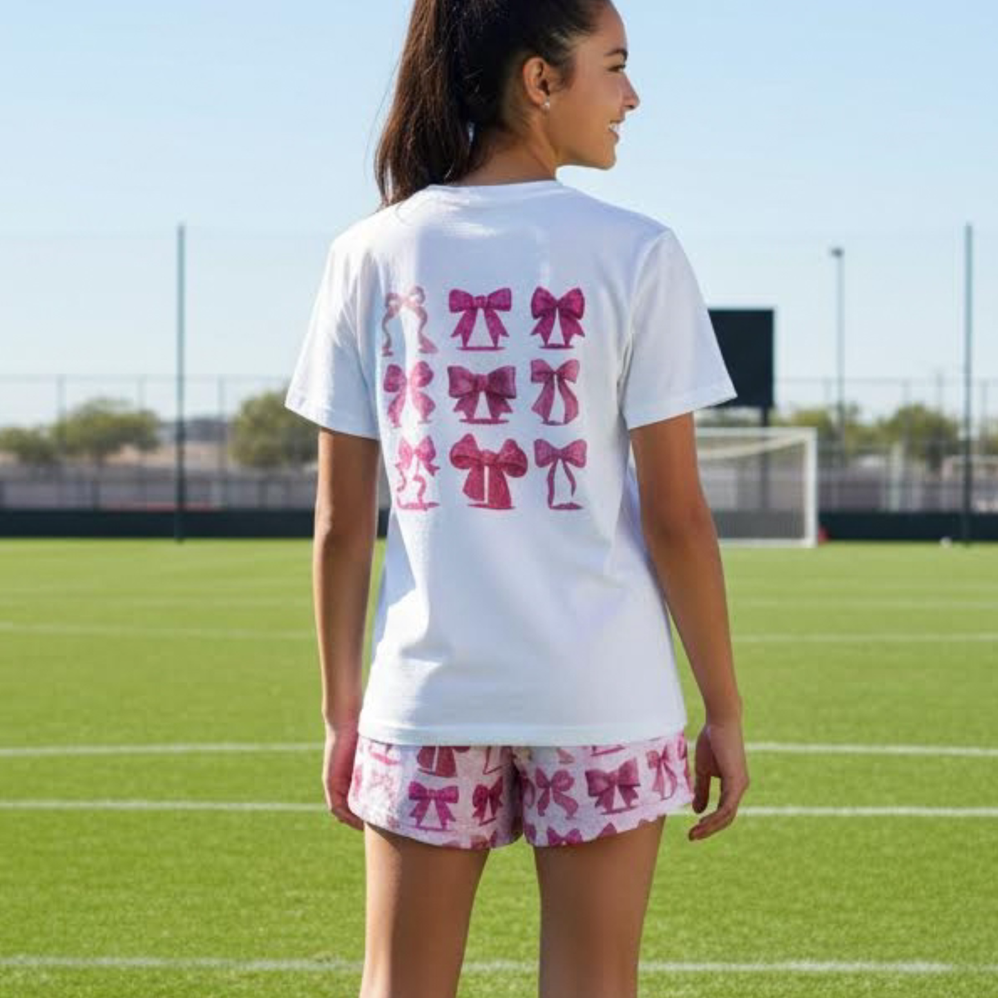 Adult Pink Glitter Bows Cheer Tee, Graphic Coquette Pattern T-Shirt