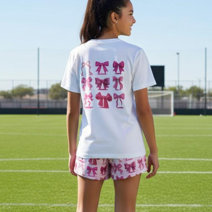 Adult Pink Glitter Bows Cheer Tee, Graphic Coquette Pattern T-Shirt