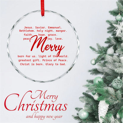 Merry Typography Round Glass Christmas Ornament