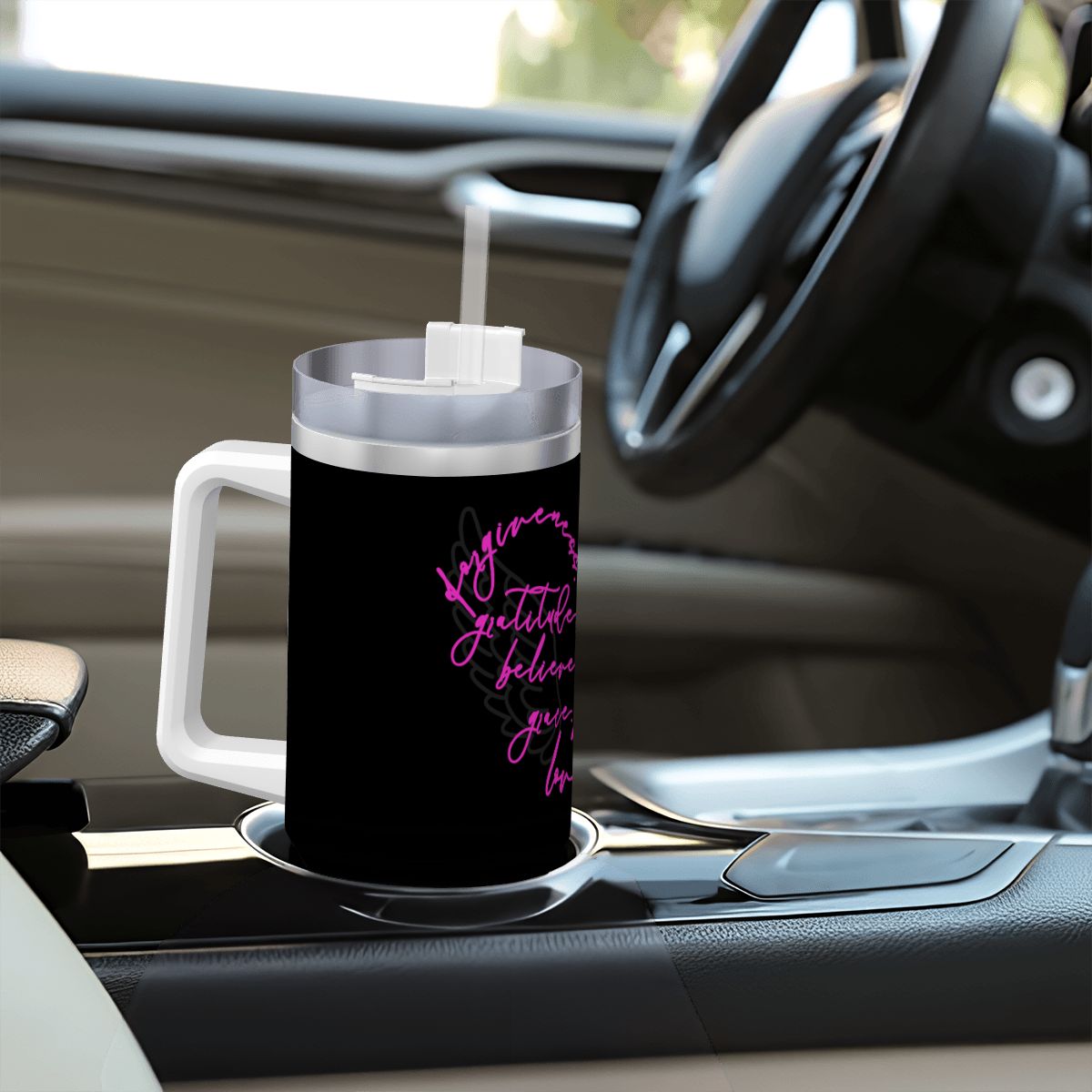 'Wings of Faith' Travel Coffee Mug with Handle and Straw (40oz)