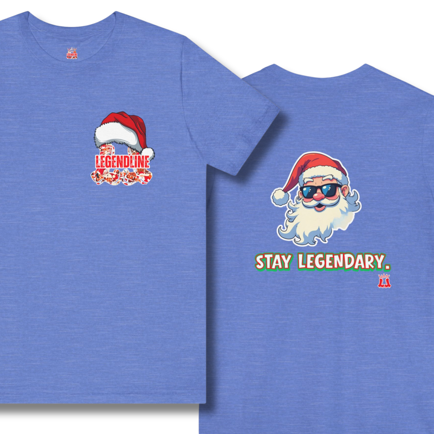 Blue t-shirt with Santa Claus graphic and 'Stay Legendary' text on a white background