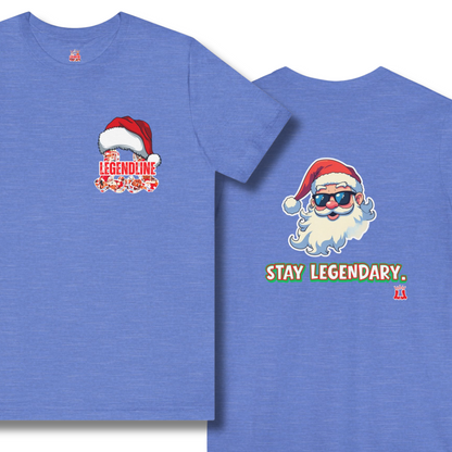 Blue t-shirt with Santa Claus graphic and 'Stay Legendary' text on a white background