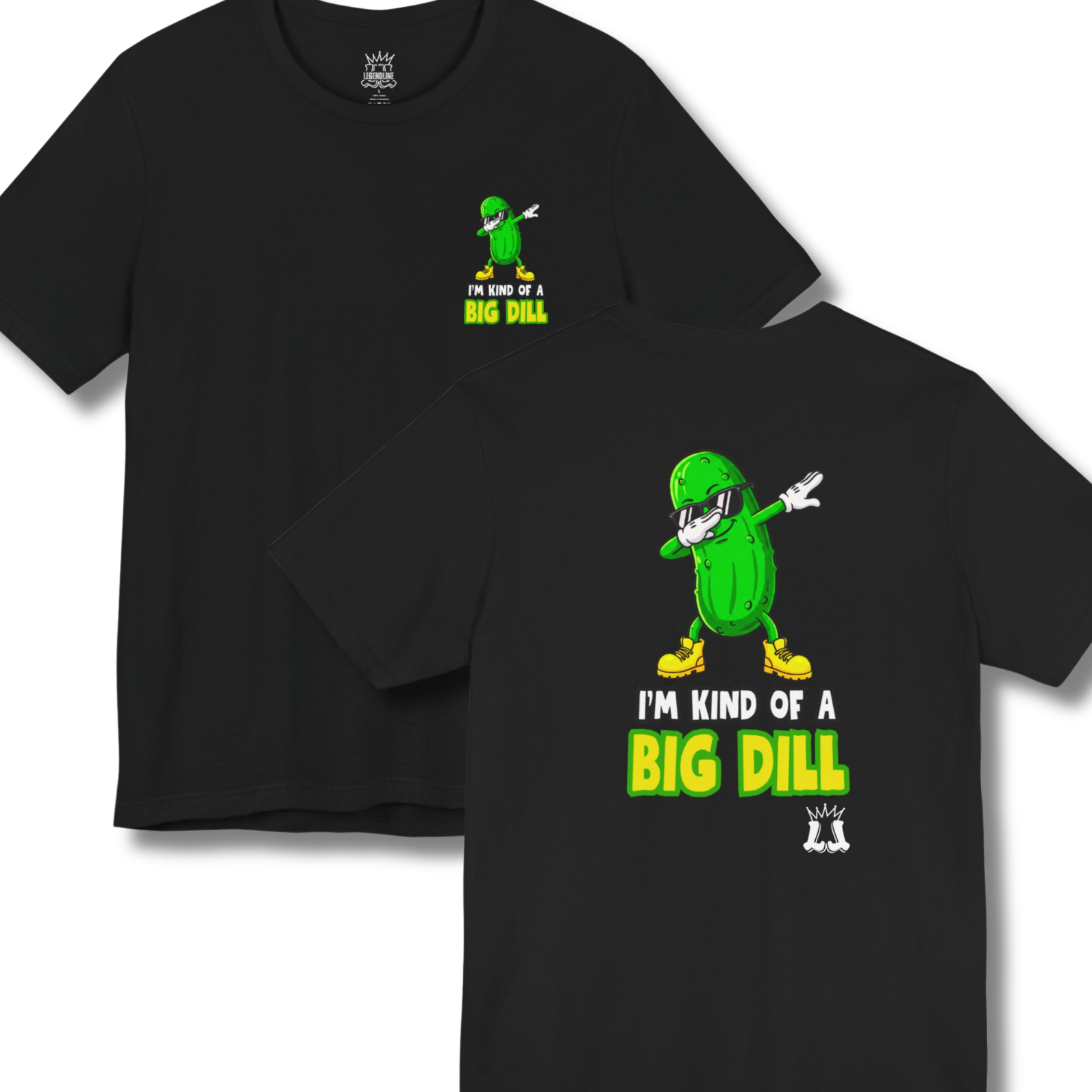 Black t-shirt with green dill character graphic and text on a white background