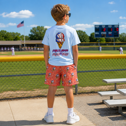Kids Baseball Patriotic Drip Mesh Shorts - Coral Edition