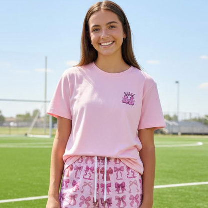 Adult Pink Glitter Bows Cheer Tee, Graphic Coquette Pattern T-Shirt