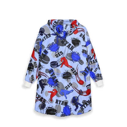 Hockey Pattern Hooded Blanket, Personalized Hoodie For Game Day