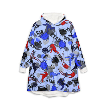 Hockey Pattern Hooded Blanket, Personalized Hoodie For Game Day