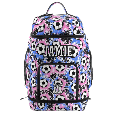 Personalized Soccer Backpack, Blue/Pink Splatter Edition