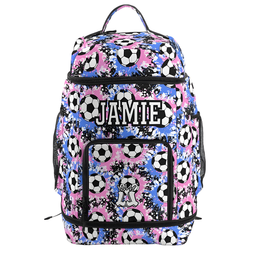 Personalized Soccer Backpack, Blue/Pink Splatter Edition