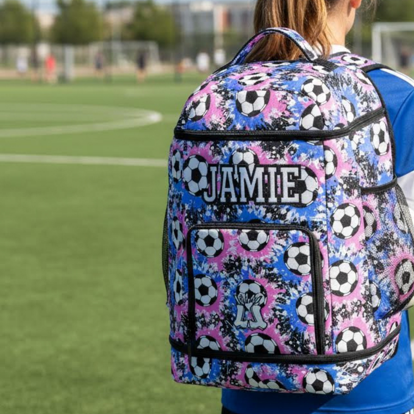 Personalized Soccer Backpack, Blue/Pink Splatter Edition